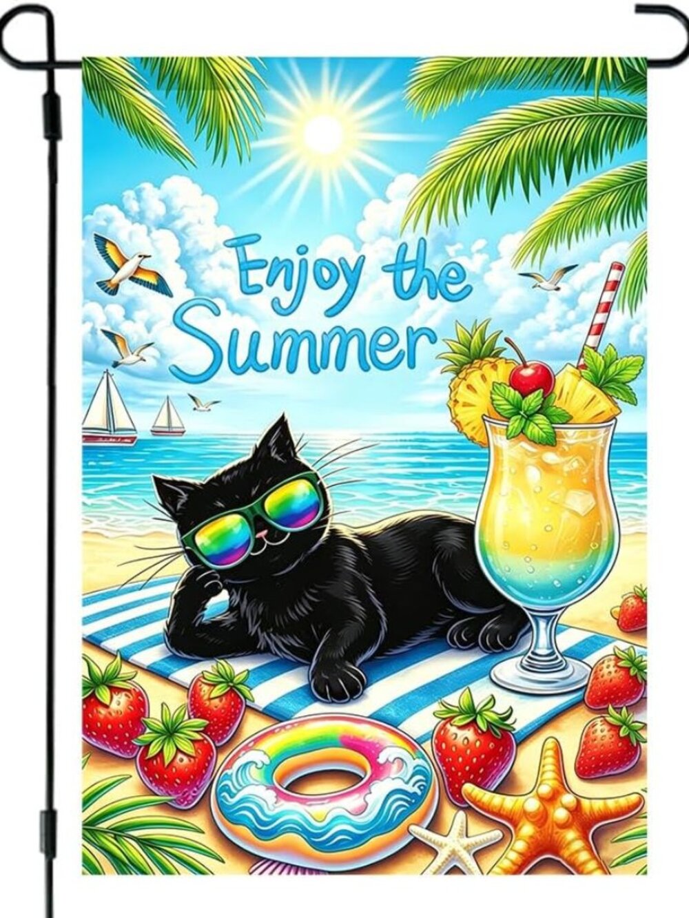 Summer Beach Black Cat Garden Flags 12x18 Double Sided Outside